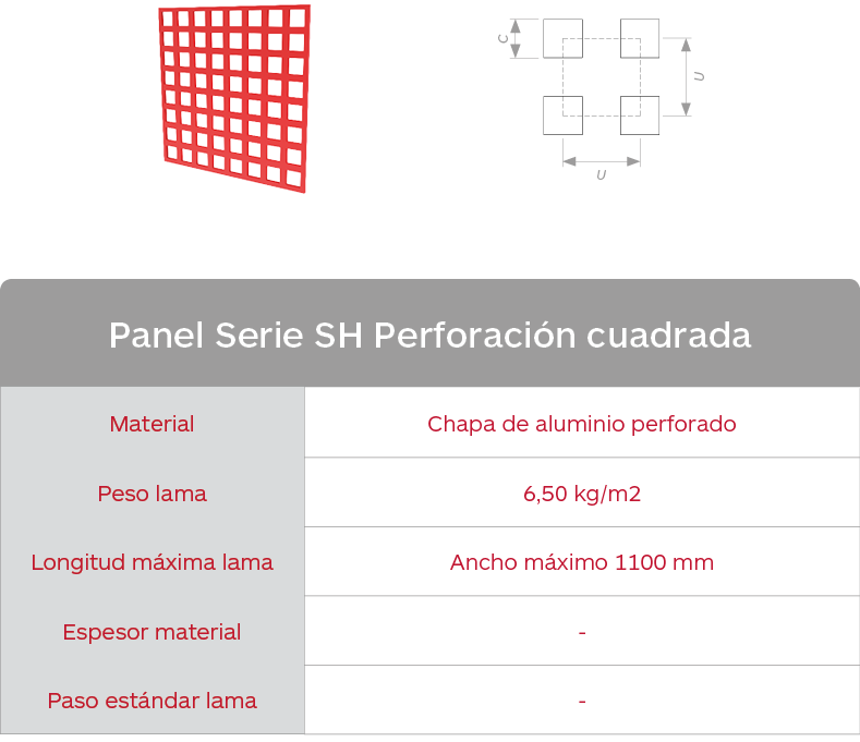 Características lama celosías de chapa de aluminio perforado Panel Serie SH Perforación cuadrada