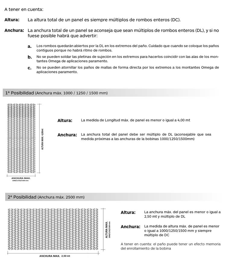 Dimensiones máximas de anchura y longitud de panel para aplicación paramento