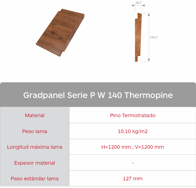 Características lama de madera de pino Gradpanel Serie P W 140 Thermopine