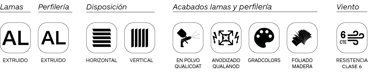 Icono características lamas de celosías de aluminio extruido Brise Soleil Serie BT 190